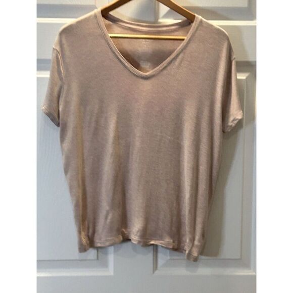Nine West Soft Spun T-Shirt Tan Solid Short Sleeve V Neck Relaxed Fit Women L - Picture 1 of 3